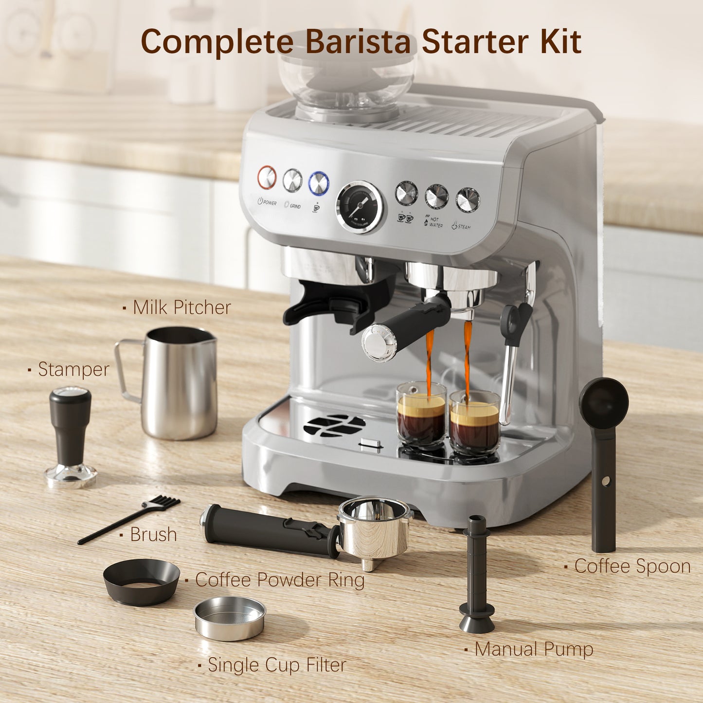 HOMCOM Espresso Machine, Bean Grinder & Steam Wand, 15 Bar Pressure, Silver.