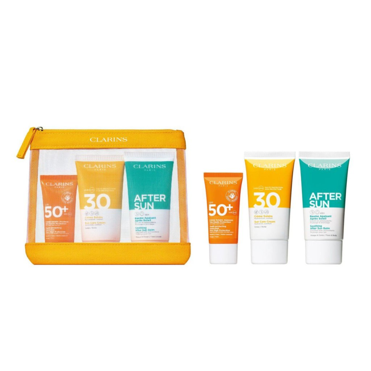 Clarins Essential Suncare Travel Set: SPF50 Face, SPF30 Body & After Sun Balm