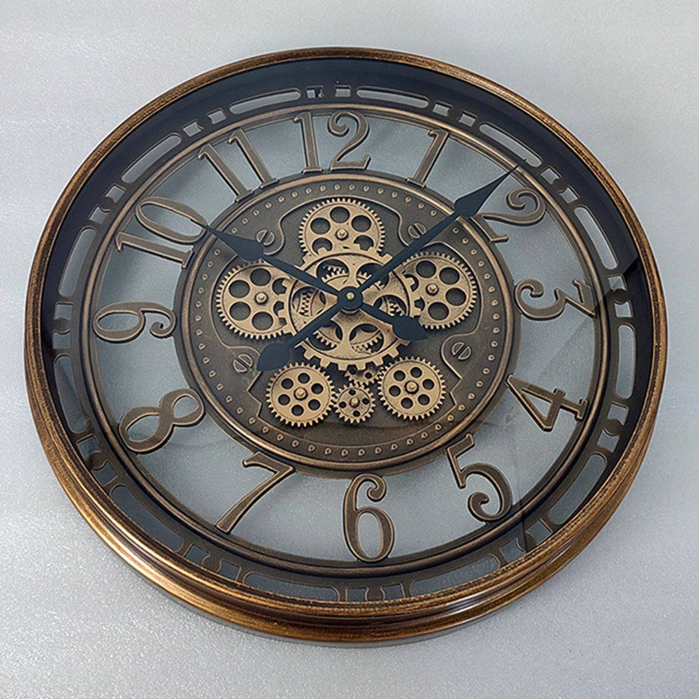 Stylish & Premium Elegant Wall Clock with Moving Gears - Round Metal Frame, Art Deco Style, Quartz Battery Movement for Dining Room, Living Rooms, Office, or Home Office Décor. (Black Gold 55cm)