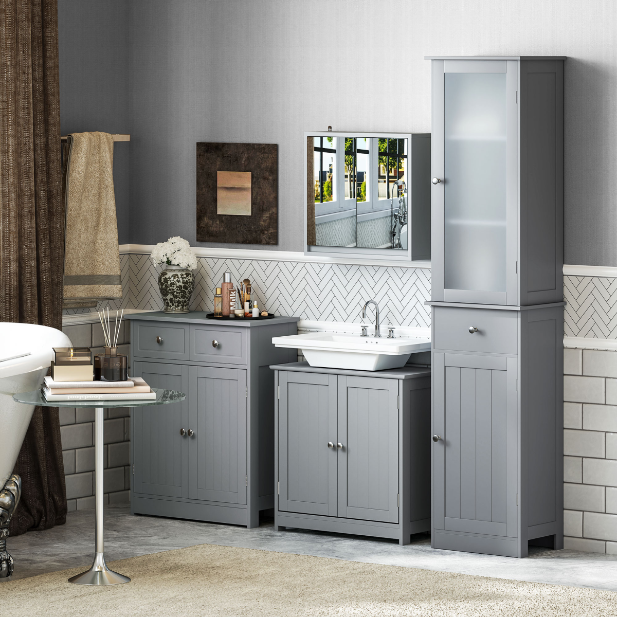 Wall Mounted Mirror Cabinet with Storage Shelf Bathroom Cupboard Grey