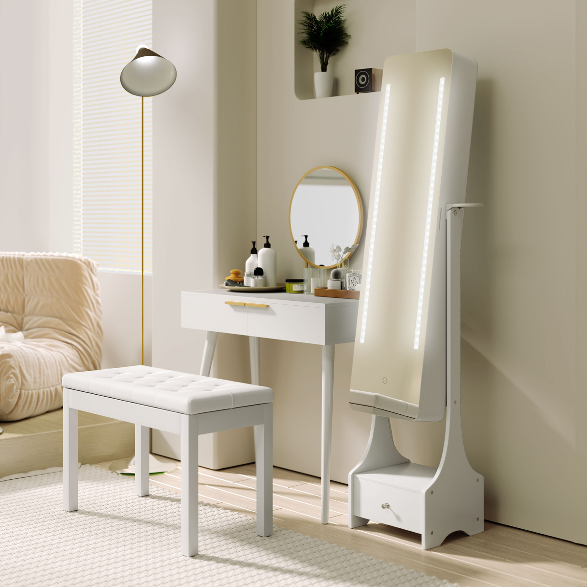 Freestanding Jewellery Storage Mirror Armoire LED Lights Hooks Drawer