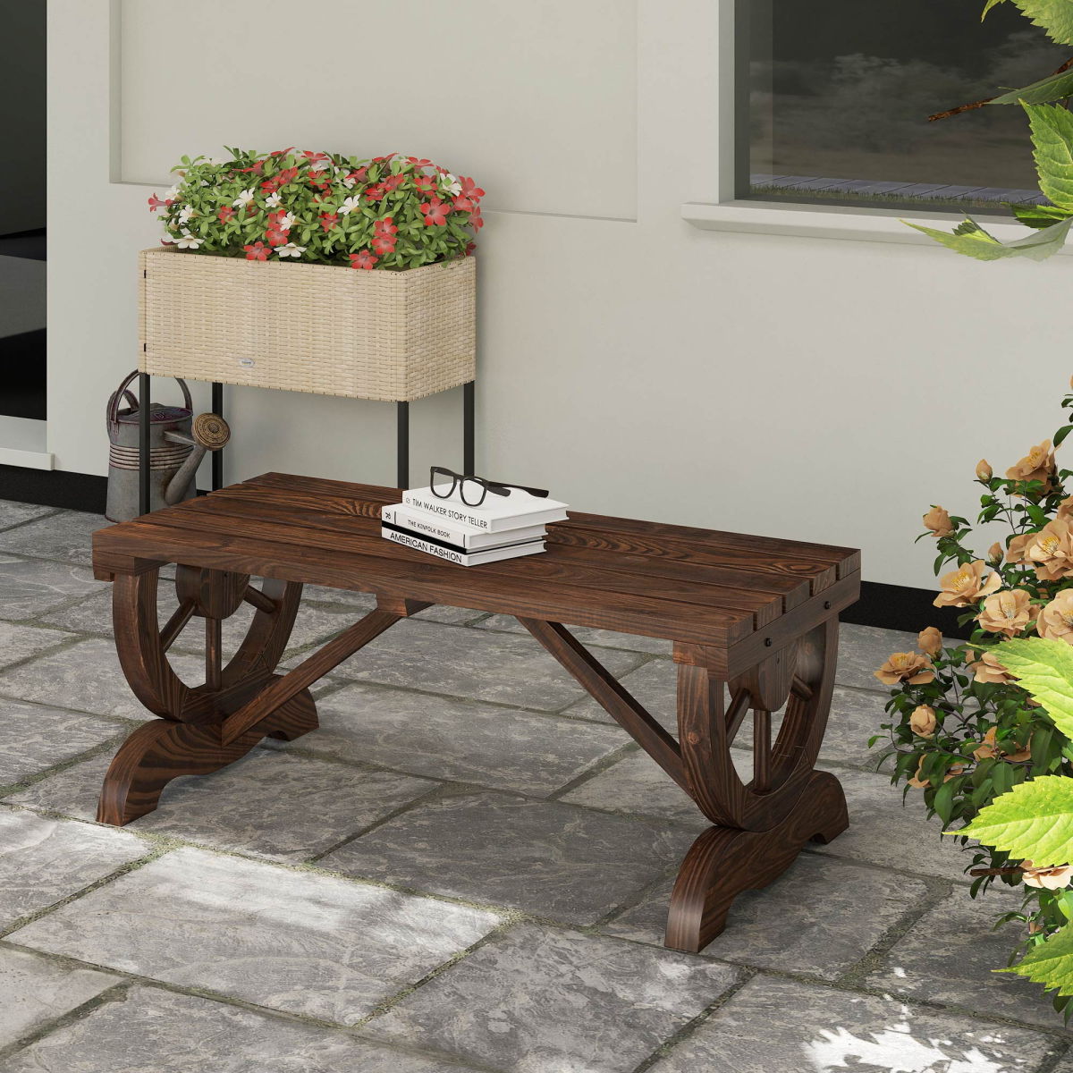 Rustic Wooden Wheel Bench 2-Person Seat - Brown Chair Loveseat Park