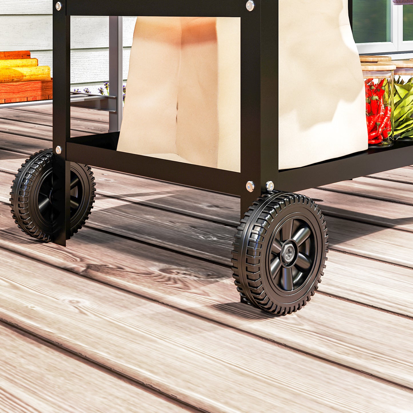 Outsunny BBQ Trolley with Stainless Steel Top, Movable Pizza Table, Black