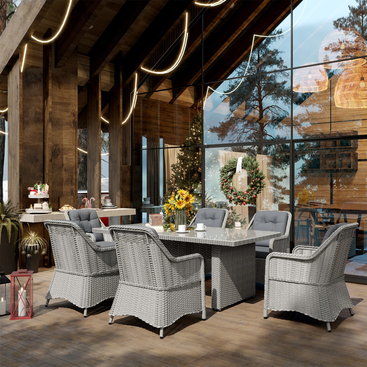 Outsunny 6 Seater Rattan Dining Set with Glass Top Table and Cushions, Grey