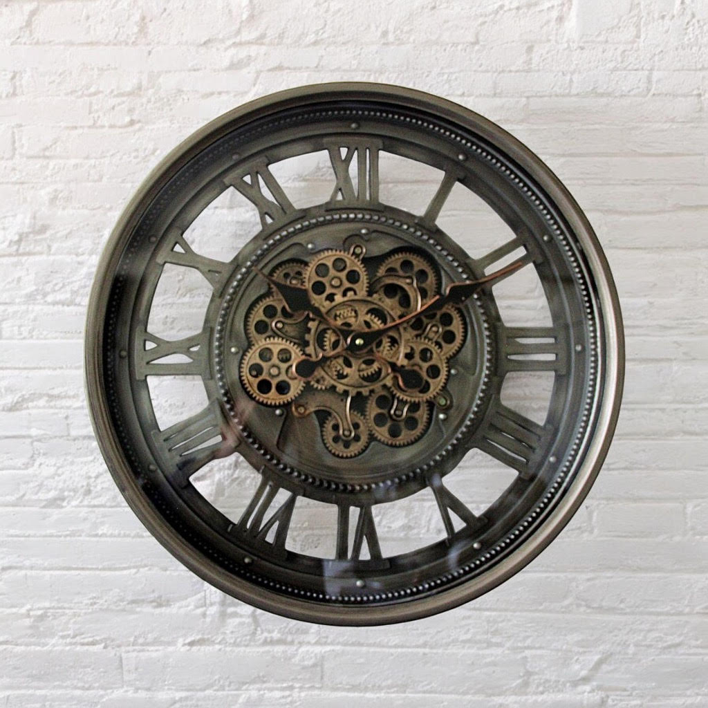 AcaciaHome Stylish & Decorative Industrial with Roman Numerals Round Wall Clock - Modern Design, Moving Gears, Battery-Operated Quartz Movement Timepiece for Living Room & Home (Black/Grey - 60cm)