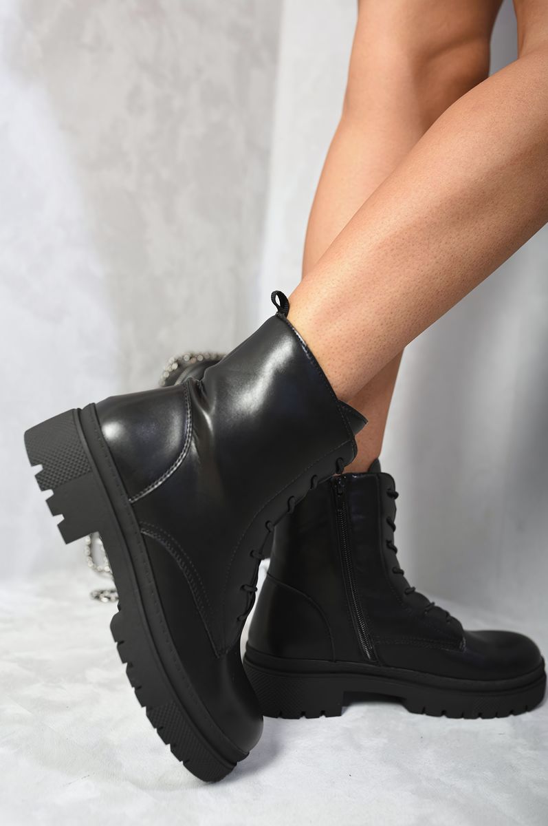 (F) Lace Up Side Zip Chunky Ankle Boots