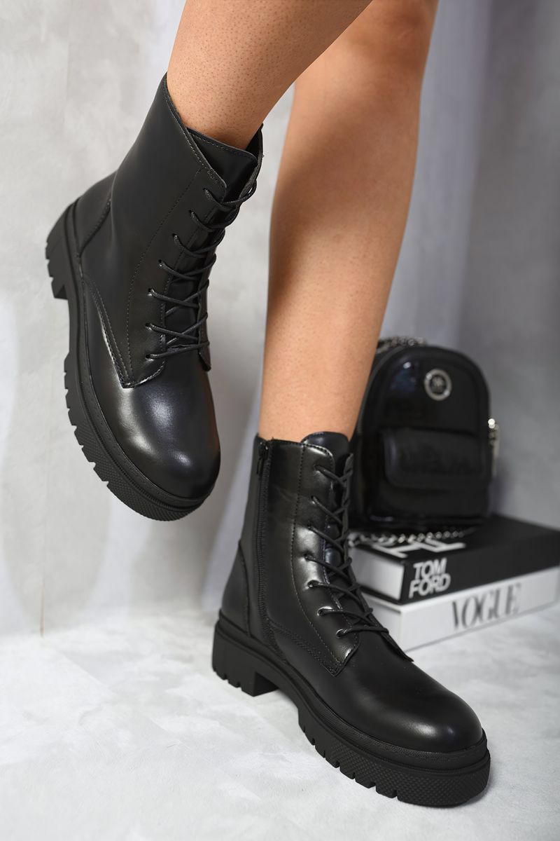 (F) Lace Up Side Zip Chunky Ankle Boots