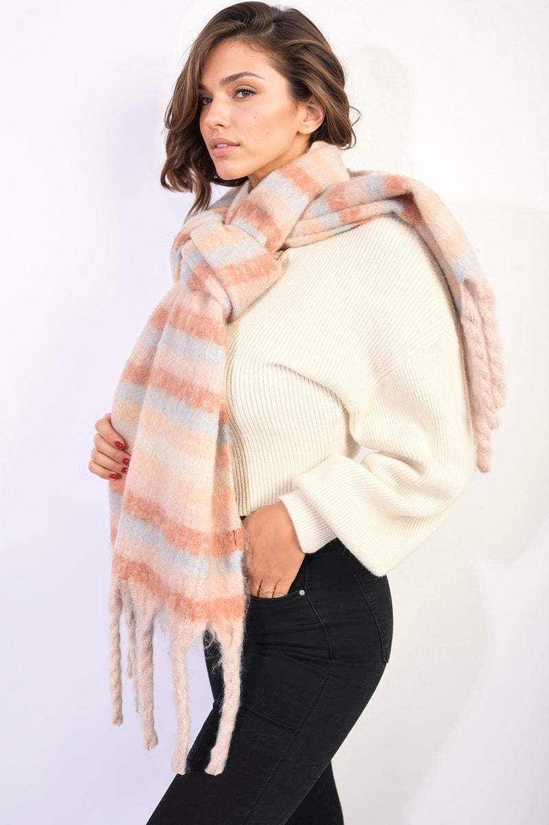 (F) Striped Soft Comfortable Oversized Chunky Scarf with Tassel