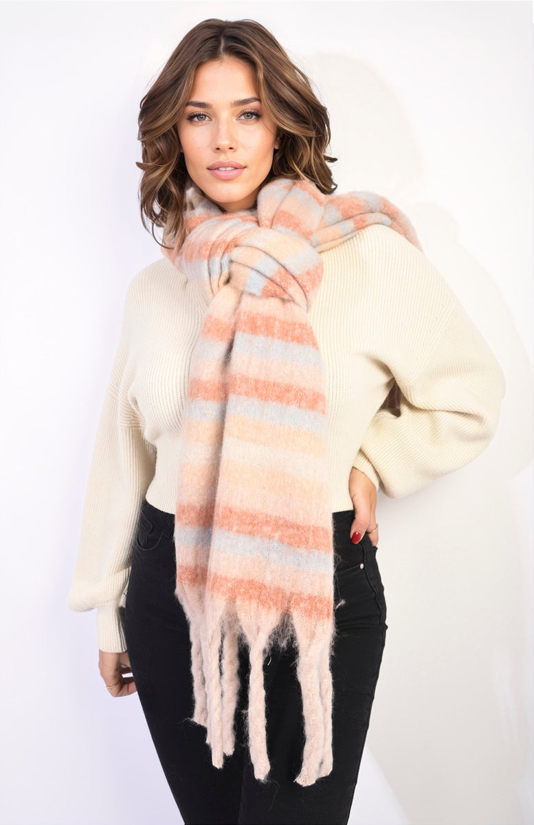 (F) Striped Soft Comfortable Oversized Chunky Scarf with Tassel