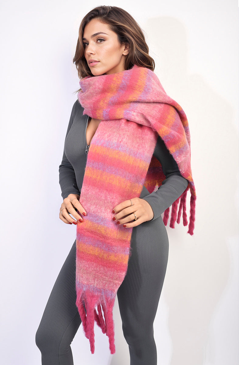 (F) Striped Soft Comfortable Oversized Chunky Scarf with Tassel