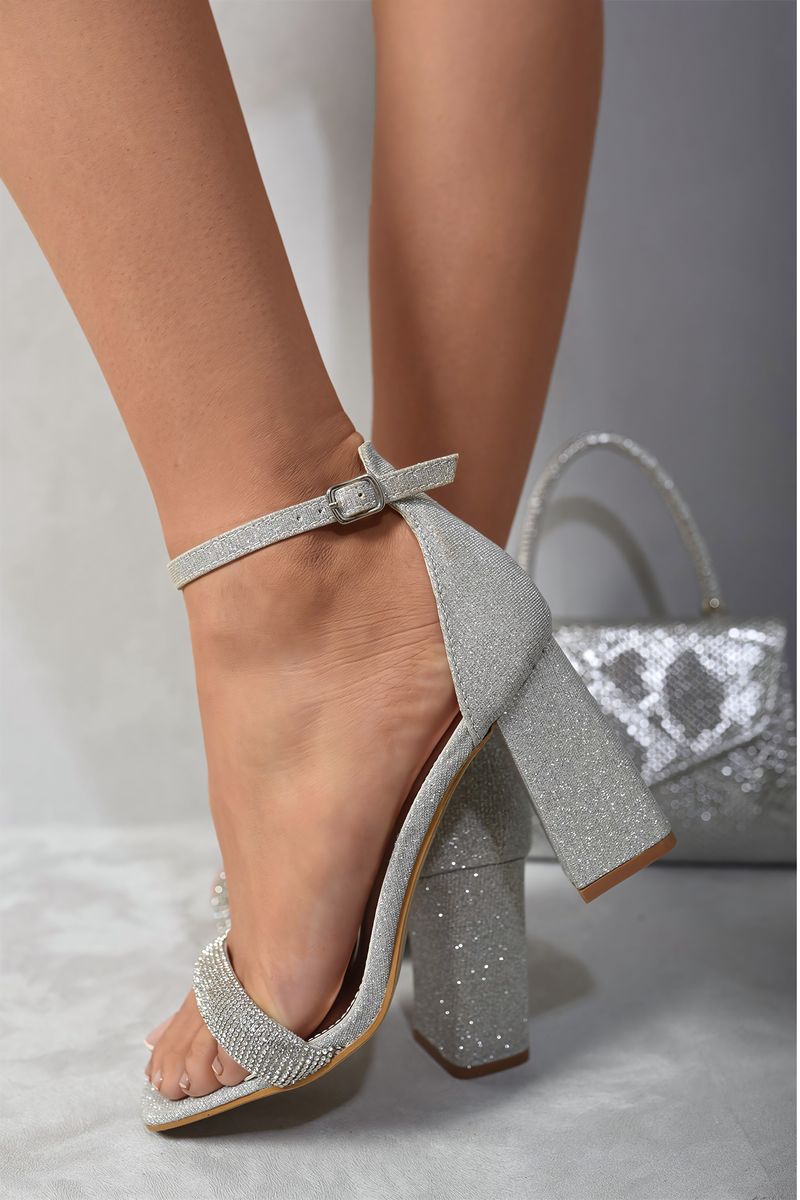 (F) Rhinestone Ankle Strap Block High Heels