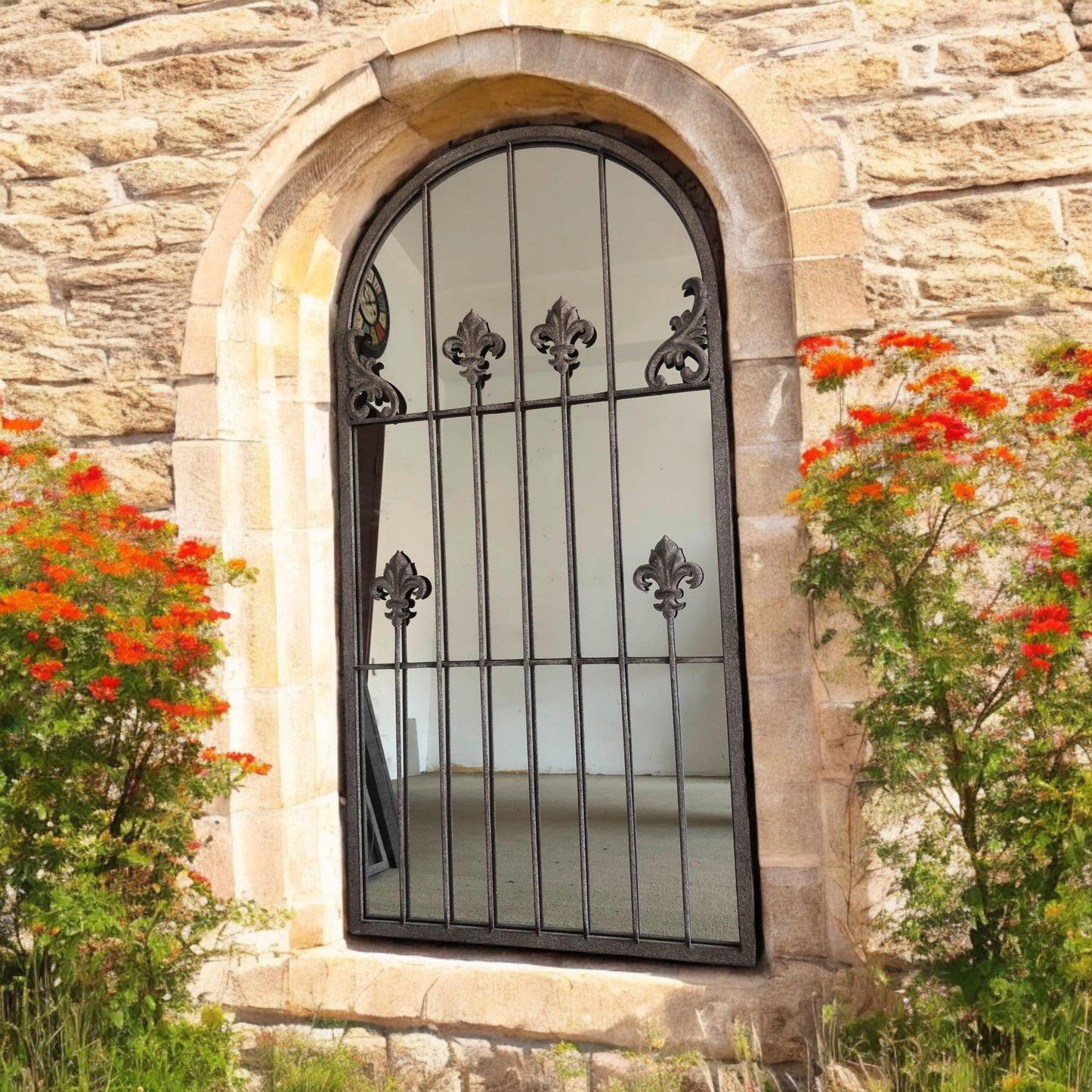 AcaciaHome Stylish 120CM Framed Arched/Rectangle Wall Mirror - Textured Cast Iron Frame with Mid-Century Modern Flair for Entryways, Dressing Rooms, Guestrooms, or Living Spaces (Floral Arched)