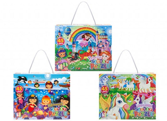 (B) Assorted 45 Piece Puzzles (Princess  Mermaid and Unicorn)