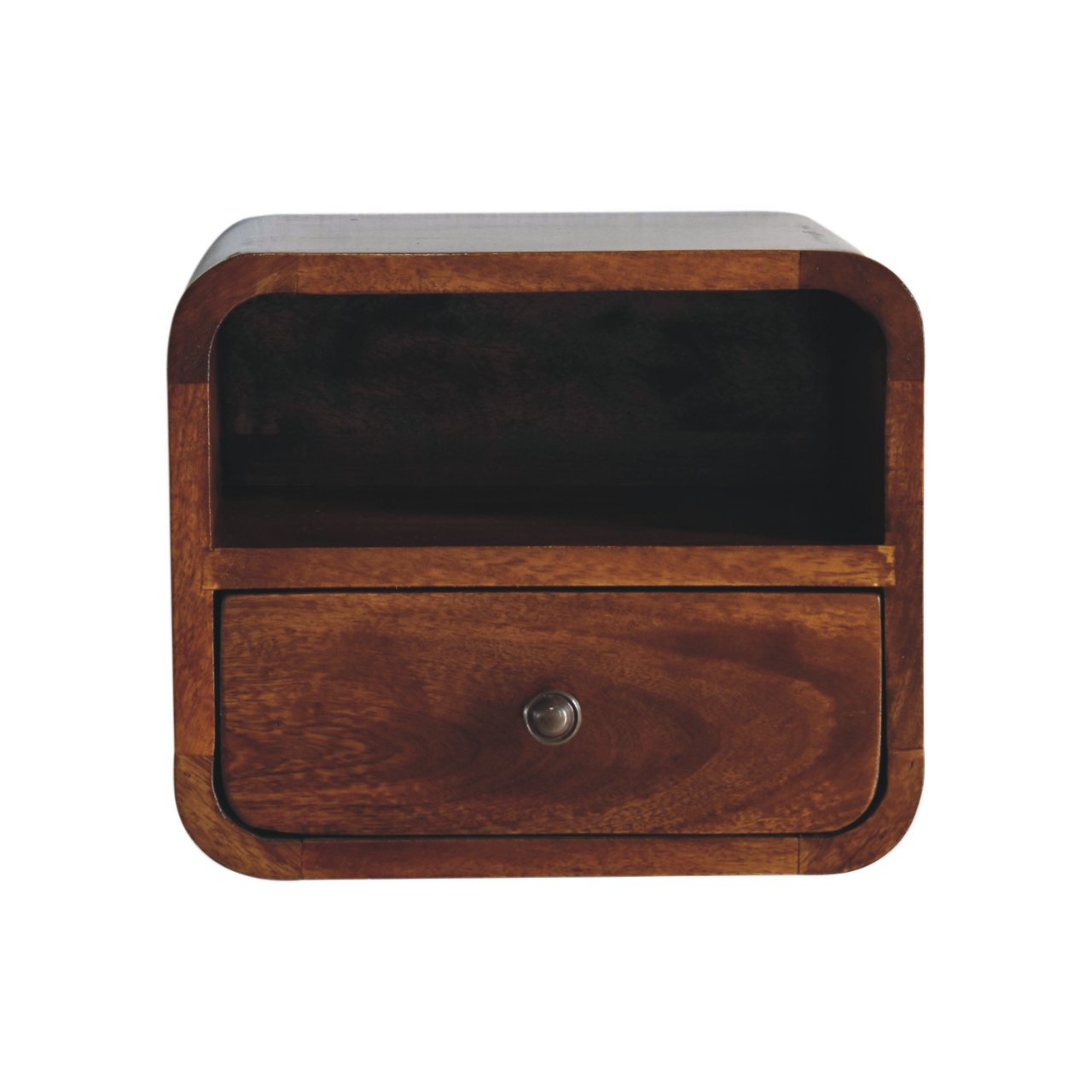 Artisan Furniture Solid Wood Extra Mini Wall Mounted Curved Chestnut Bedside with Open Slot, 1 Drawer, Dark Brown Color