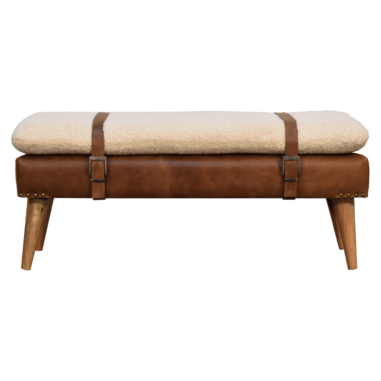 Artisan Furniture BouclÃ© Buffalo Hide Leather Bench, Upholstered, Brown & Cream