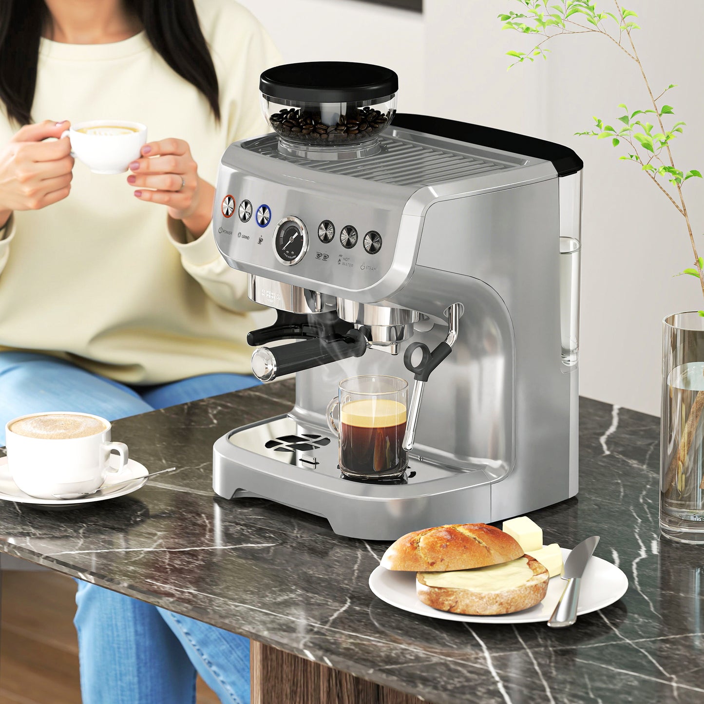 HOMCOM Espresso Machine, Bean Grinder & Steam Wand, 15 Bar Pressure, Silver.