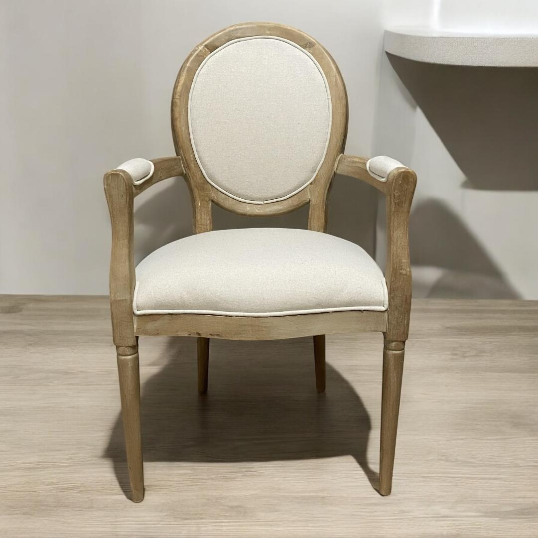 Elegant and Comfortable 94CM Louis Style Cream Linen Armchair - Oak/Grey Frame French Style Dining Chair with High Back Design for Modern Home Décor or Dining Spaces (Grey Frame Cream Linen)