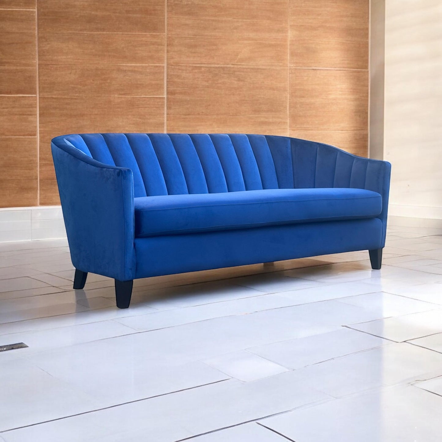 AcaciaHome Durable & Stylish Blue/Pink/Leopard Print Velvet Tub Couch 3-Seater Sofa | Contemporary Drop Arm Design | Comfortable Living Room Seating | Perfect for Home & Office (Blue Velvet)