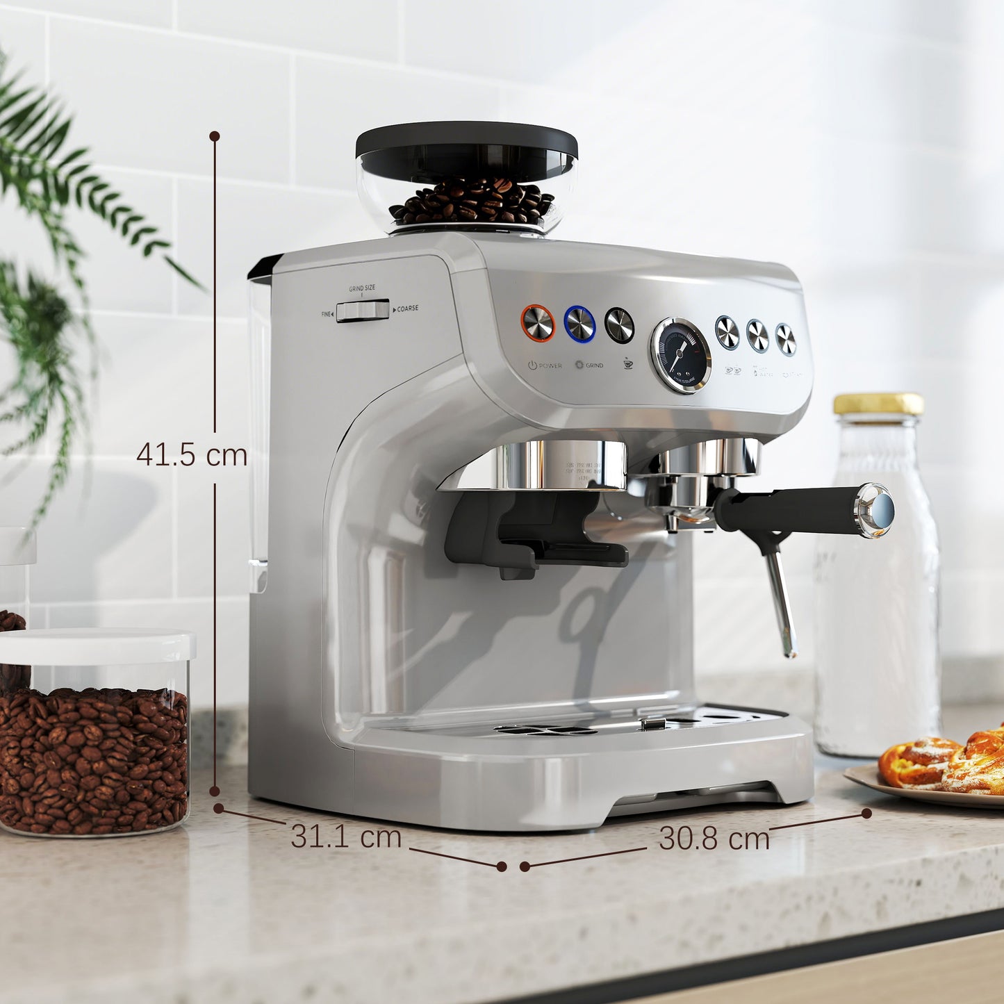 HOMCOM Espresso Machine, Bean Grinder & Steam Wand, 15 Bar Pressure, Silver.