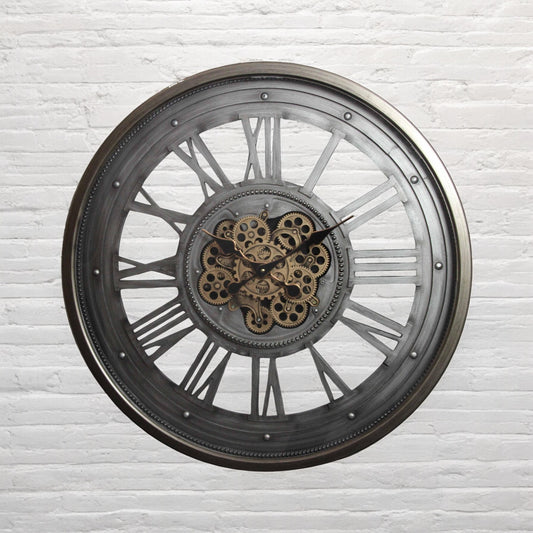 AcaciaHome Stylish And Durable 80 CM Large Industrial Gear Wall Clock – Moving Roman Numerals – Wooden & Metal Frame – Quartz Battery-Powered Vintage Décor for Home, Office & Living Spaces.