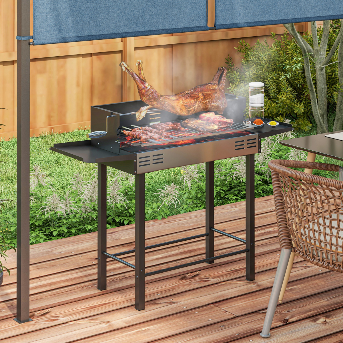 Outsunny Charcoal Spit Roasting Machine w/ 3-Tier Grill Grate & Foldable Shelves