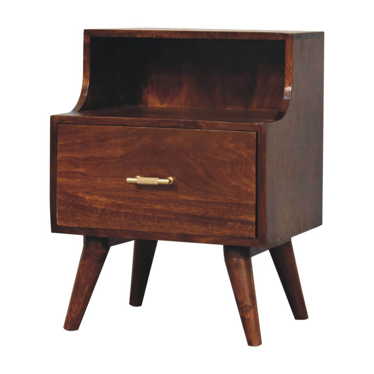 Artisan Furniture Solid Wood T-bar Raised Back Bedside, 1 Drawer, 1 Open Slot, Dark Brown