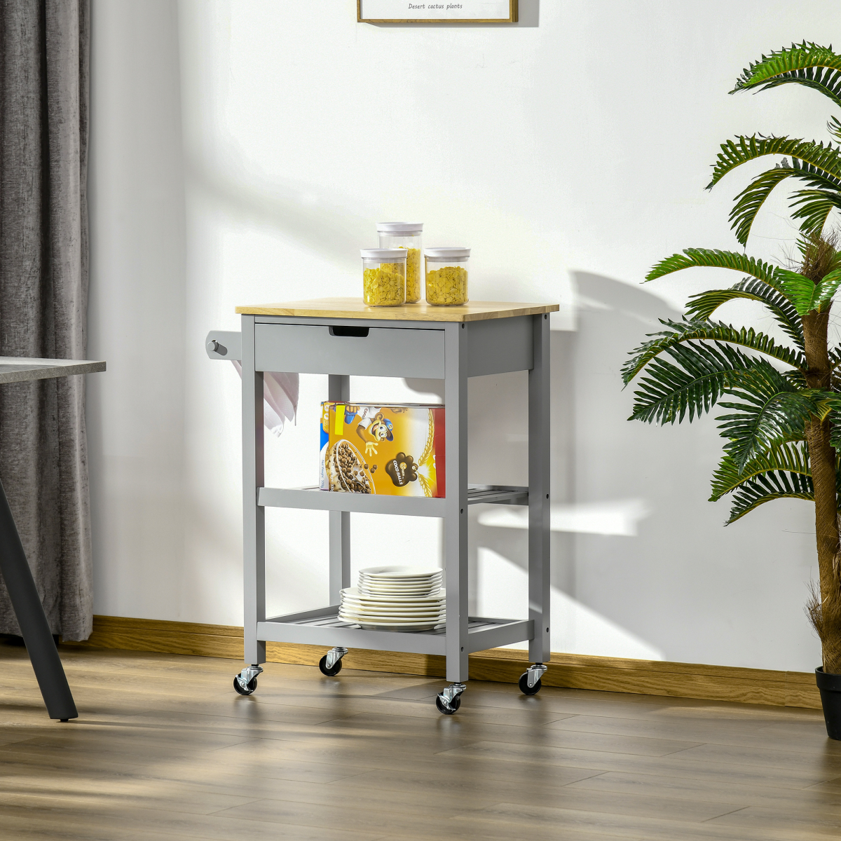 Kitchen Trolley Utility Cart on Wheels with Rubberwood Worktop Towel Rack