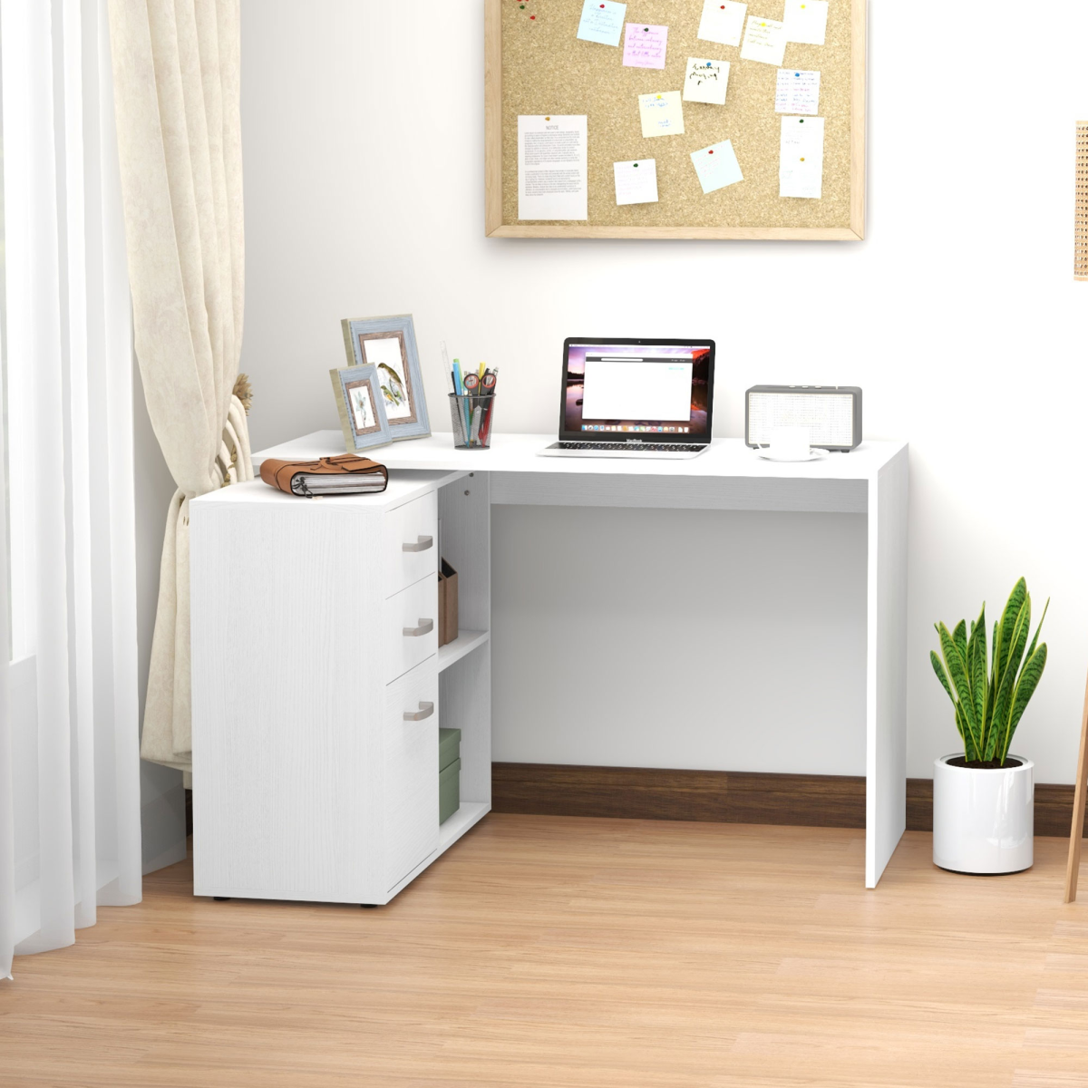 Home Office L Shape Computer Desk Workstation Drawer Shelf File Cabinet-White
