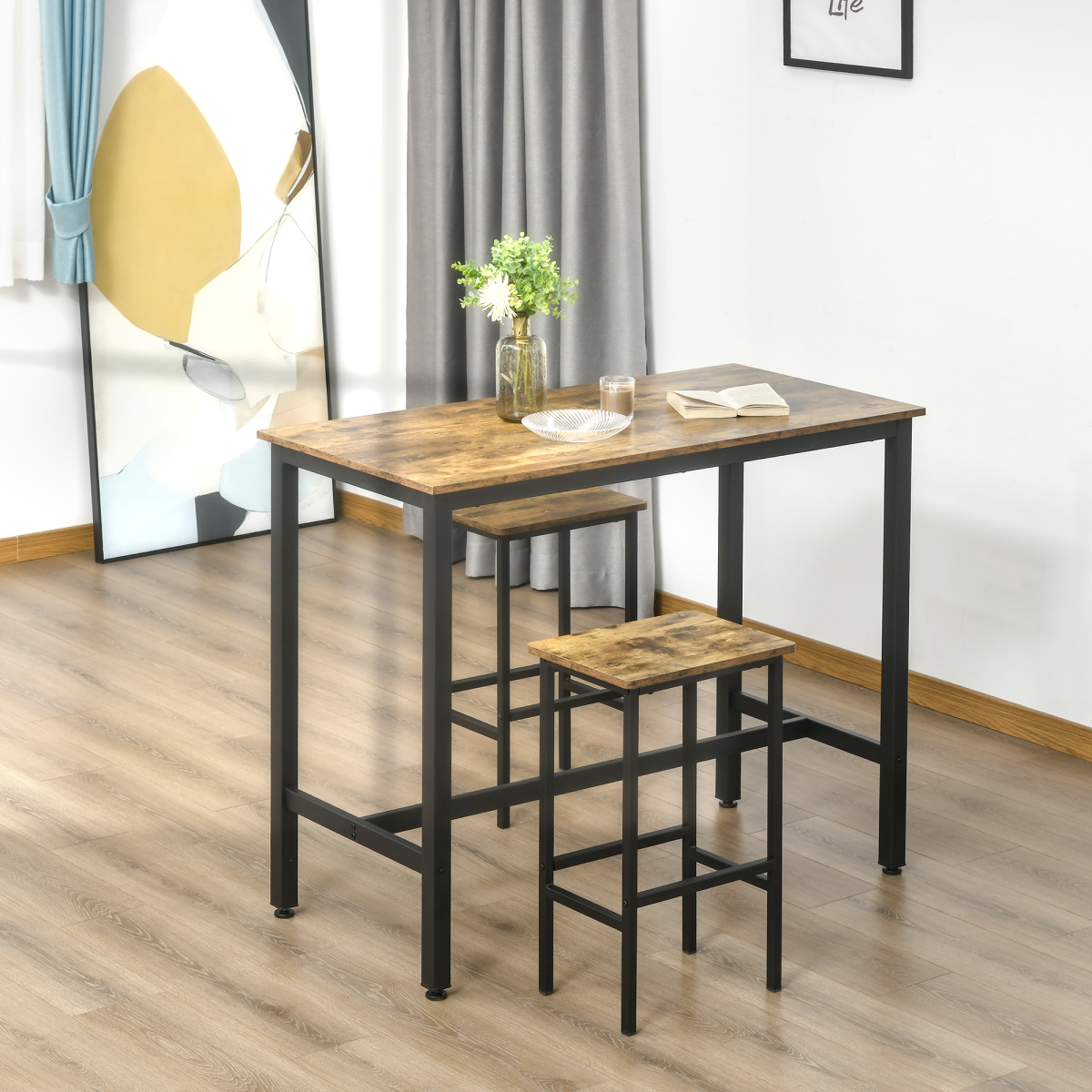 Set of 2 Kitchen Breakfast Bar Chairs with Footrest, Rustic Brown