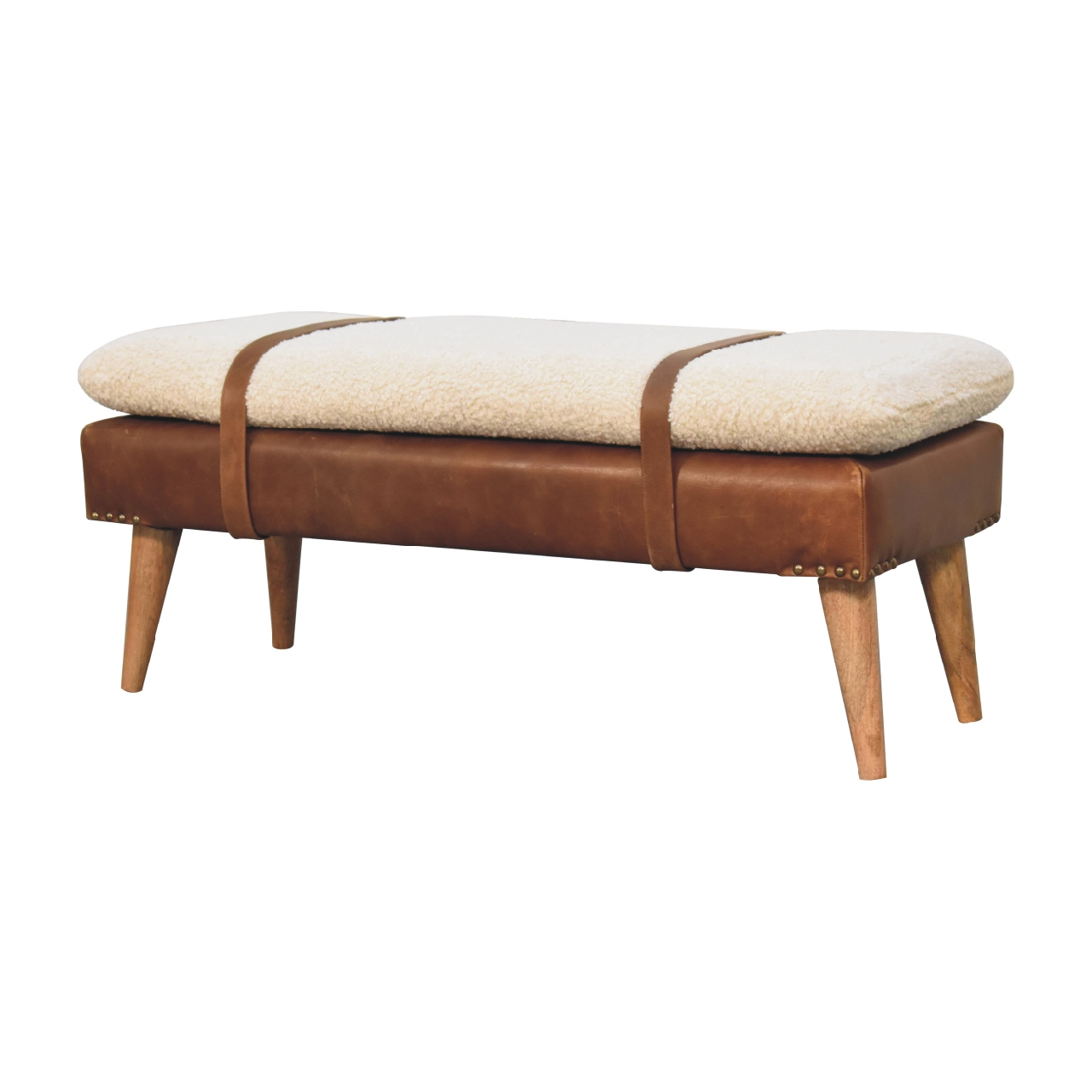 Artisan Furniture BouclÃ© Buffalo Hide Leather Bench, Upholstered, Brown & Cream