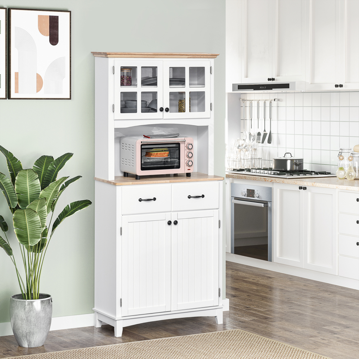 Kitchen Cupboard, Framed Glass Doors, 2 Drawers, Microwave Counter, White