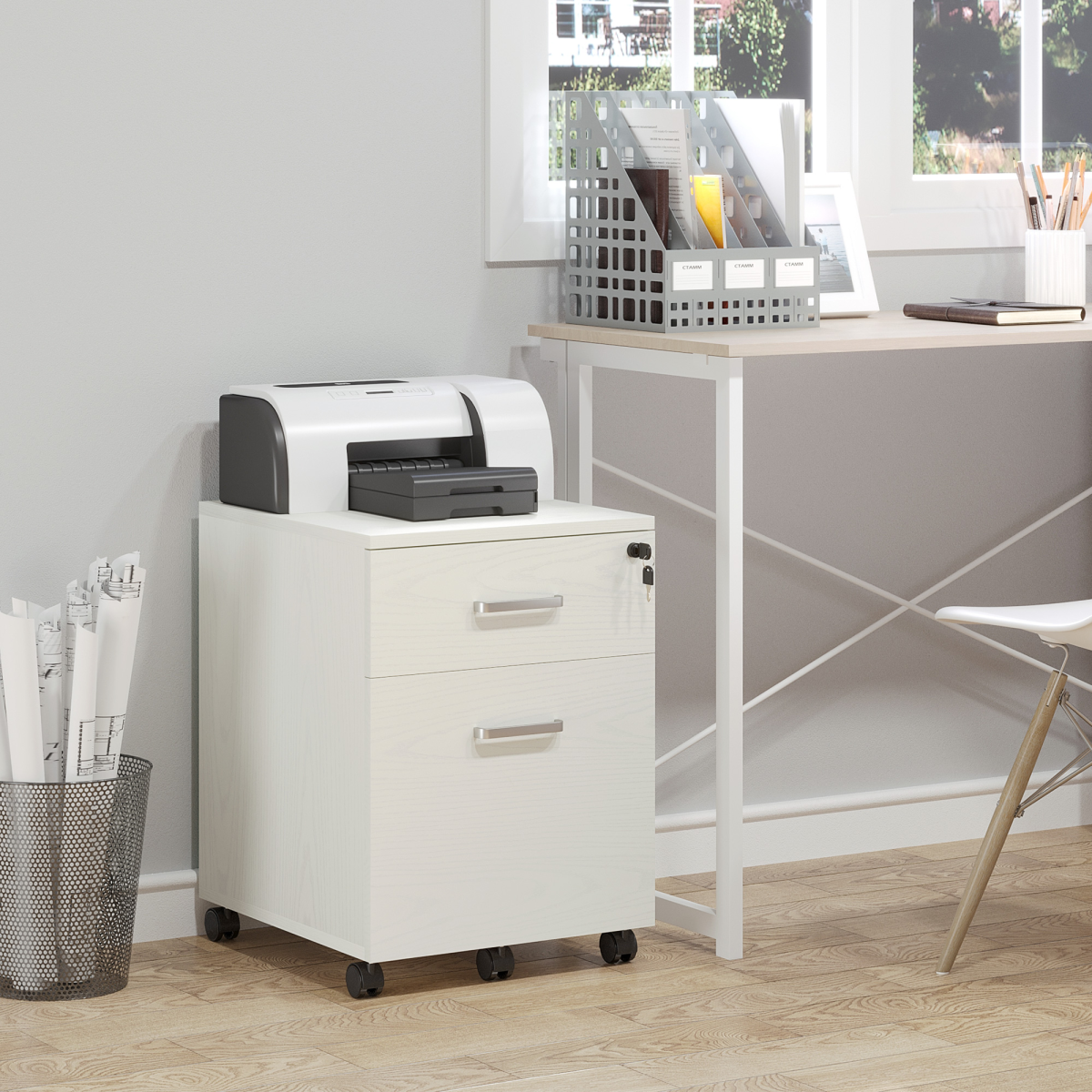 2-Drawer Locking Office Filing Cabinet 5 Wheels Rolling Storage White Vinsetto