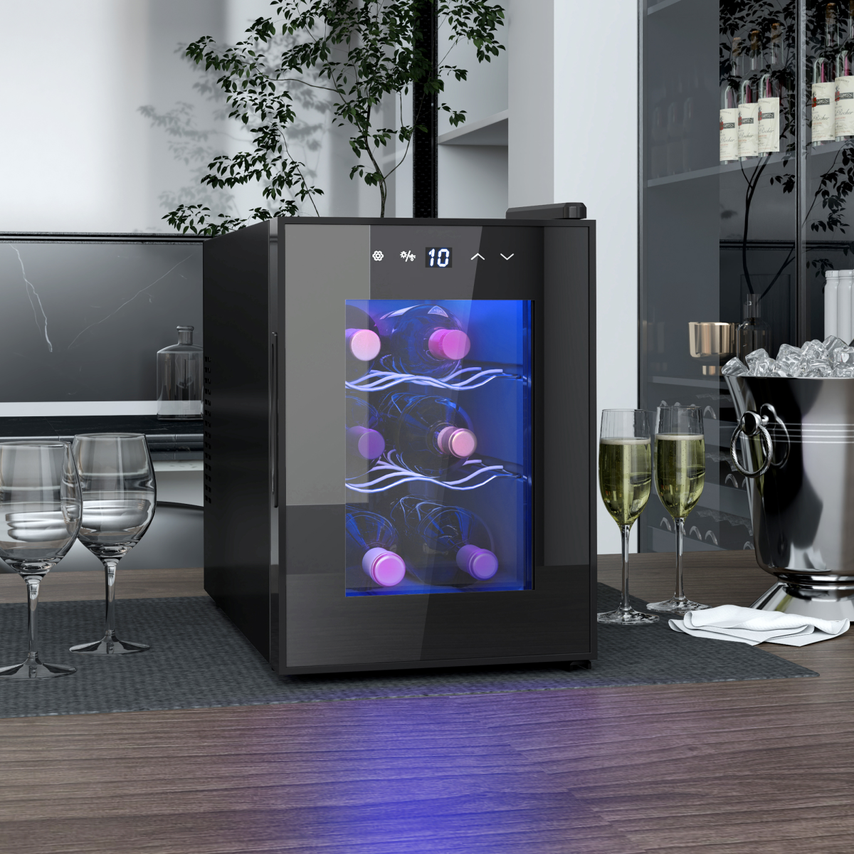 HOMCOM Mini Beer and Wine Fridge, 6 Bottle, with Glass Door, Touch Screen