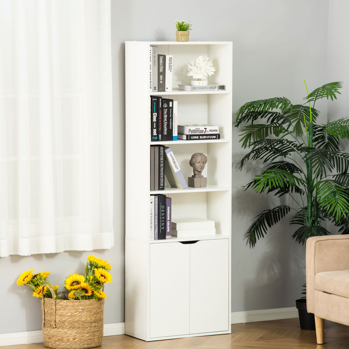 2 Door 4 Shelves Bookcase Wooden Storage Cabinet Display Unit White