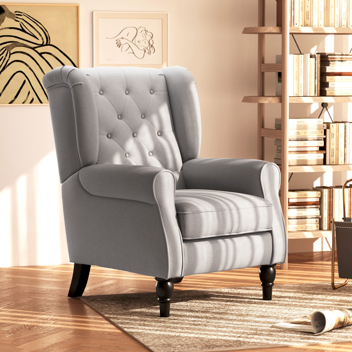 Retro Accent Chair Wingback Armchair with Wood Frame for Living Room Grey