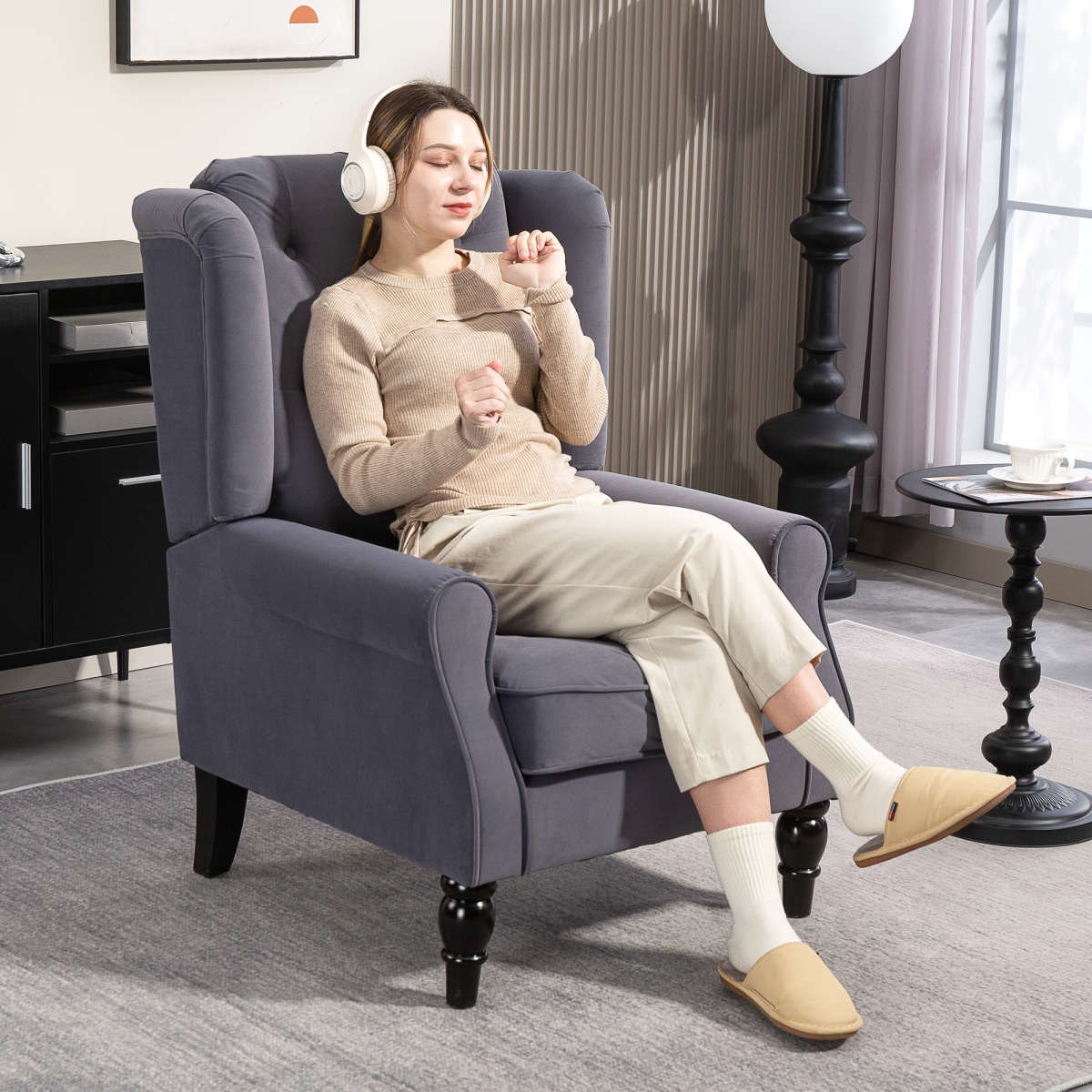 HOMCOM Accent Armchair Home Furniture Retro Tufted Club Fabric Charcoal Grey