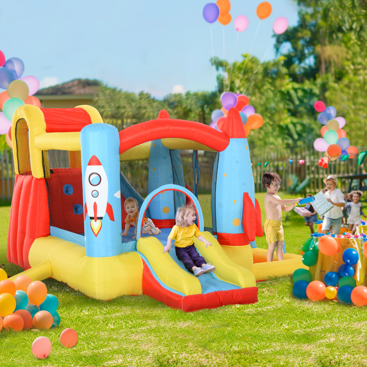 Bouncy Castle with Slide Pool Rocket Trampoline w/ Carrybag Blower