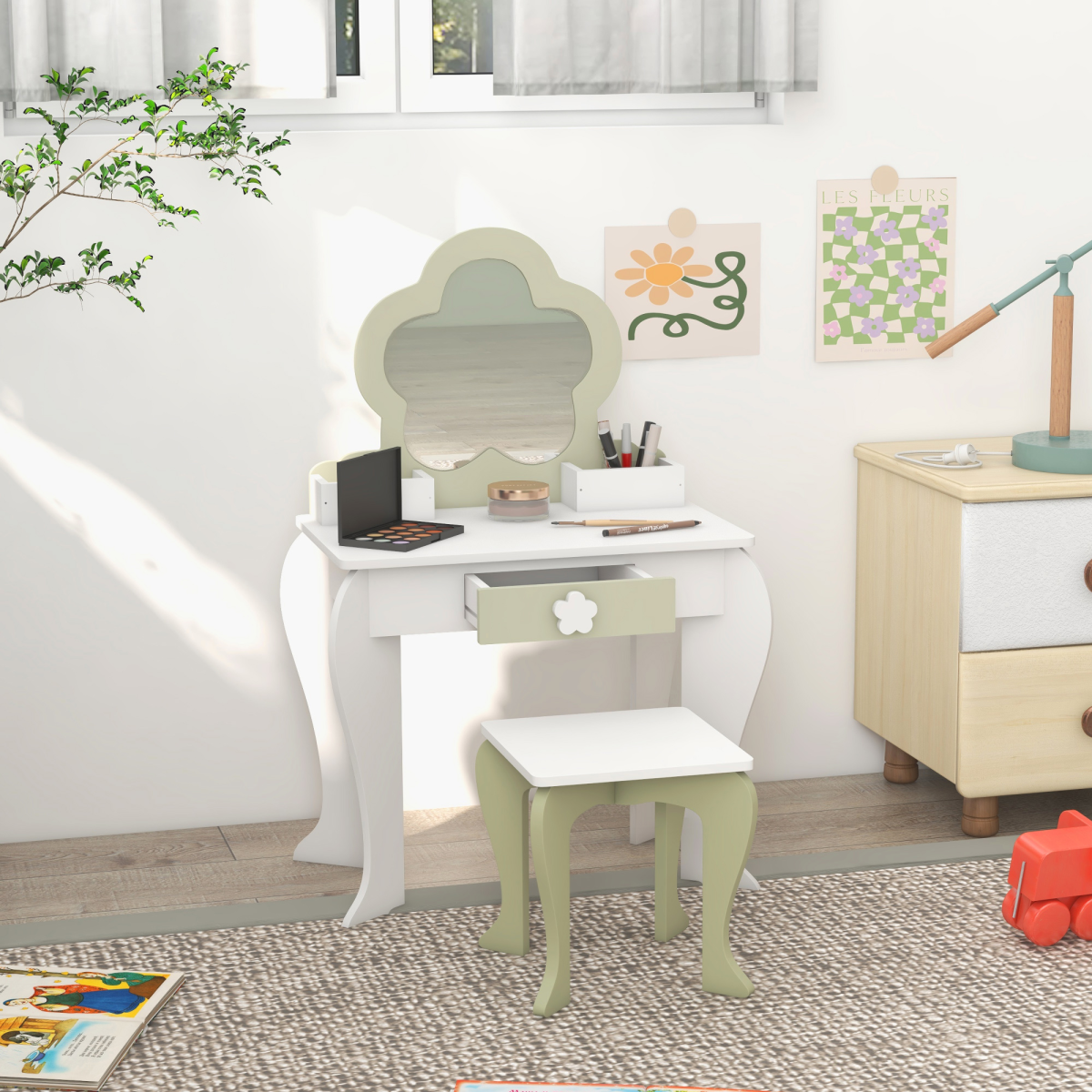 ZONEKIZ Kids Vanity Table Set, Beauty Flower Design, for Ages 3-6 Years - White