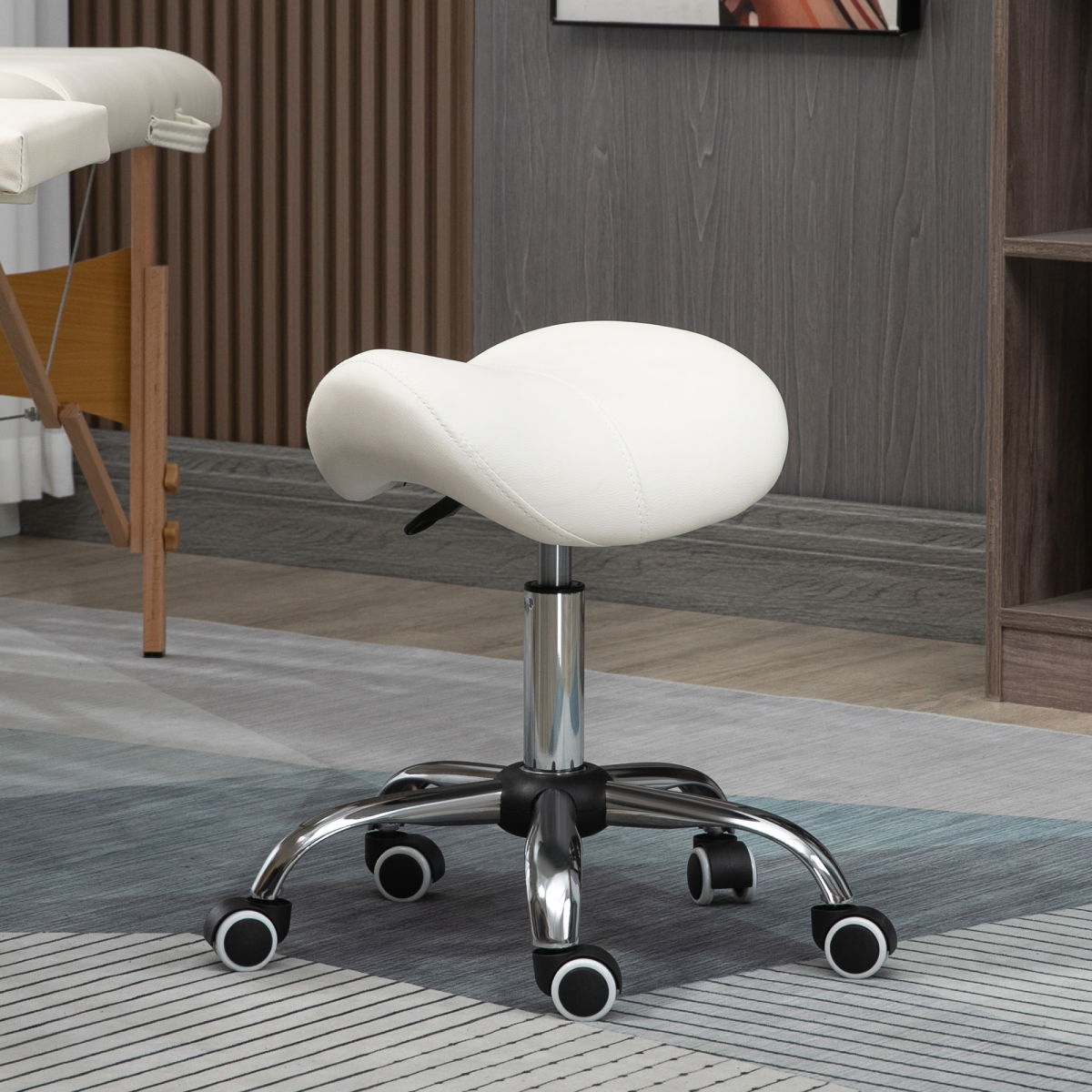 Saddle Stool Hydraulic Rolling Faux Leather Height Adjust Mobility Chair Cream