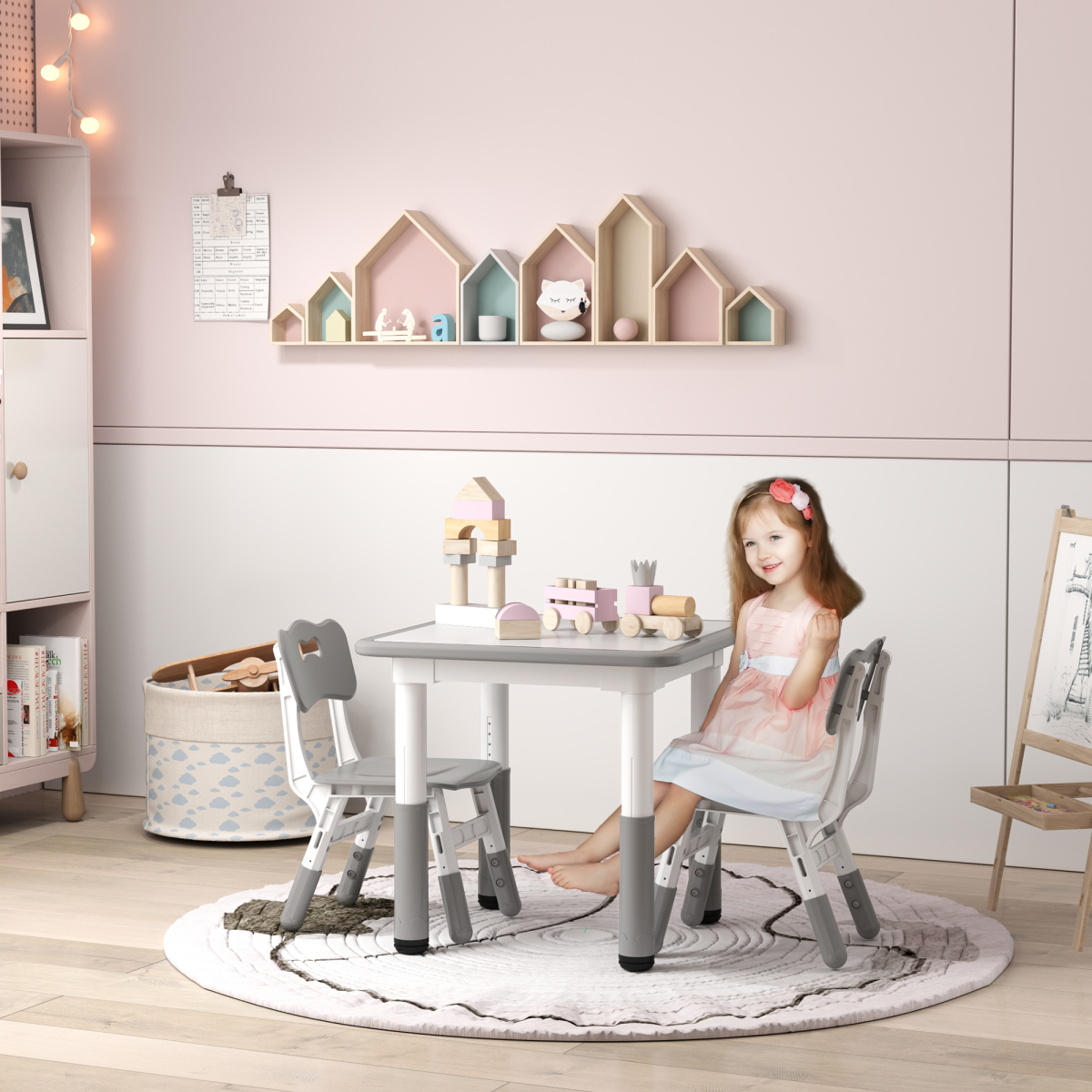 AIYAPLAY 3 Pcs Height Adjustable Kids Table and Chair Set for Playroom - Grey