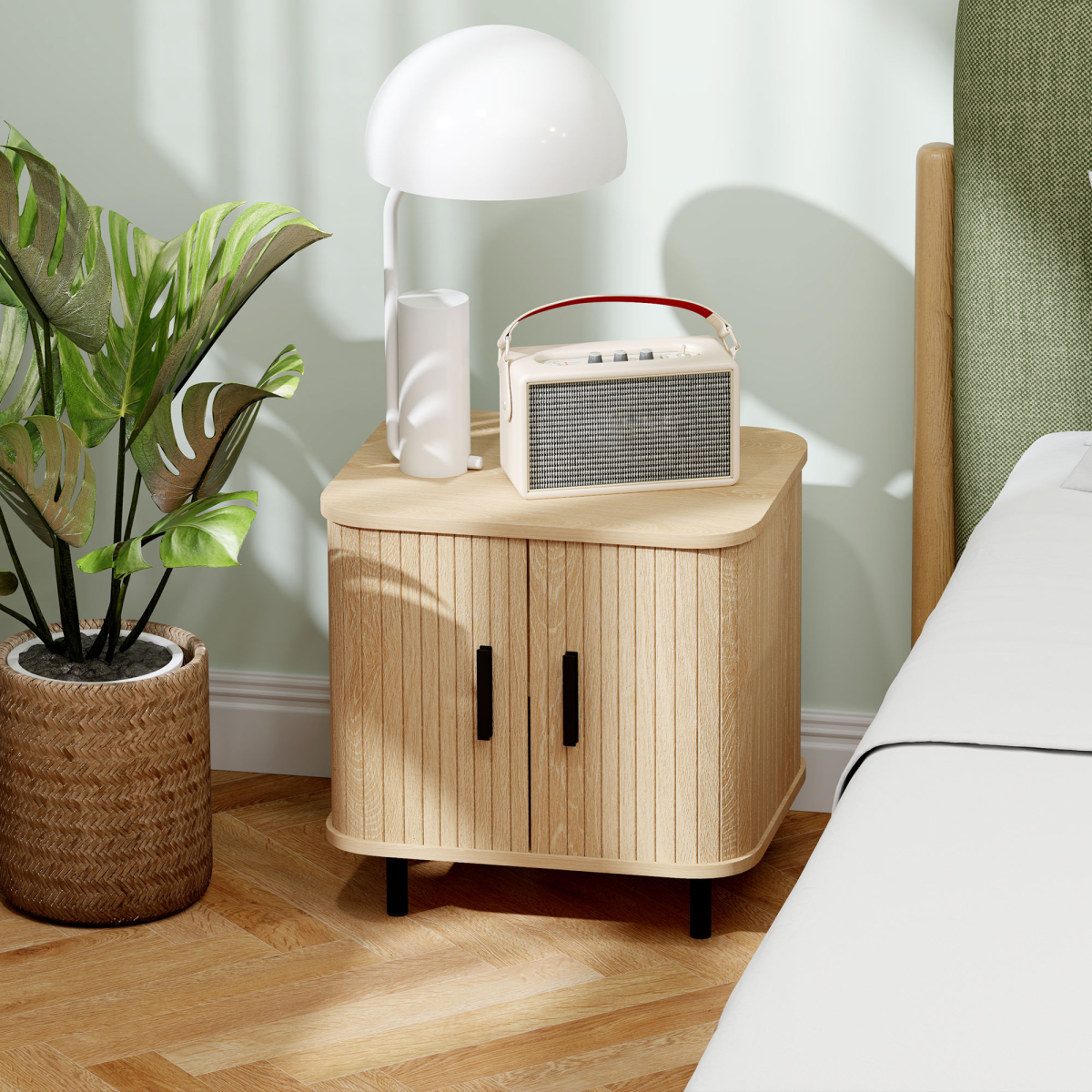 HOMCOM Nightstand with Sliding Doors and Metal Legs for Bedroom Oak Tone