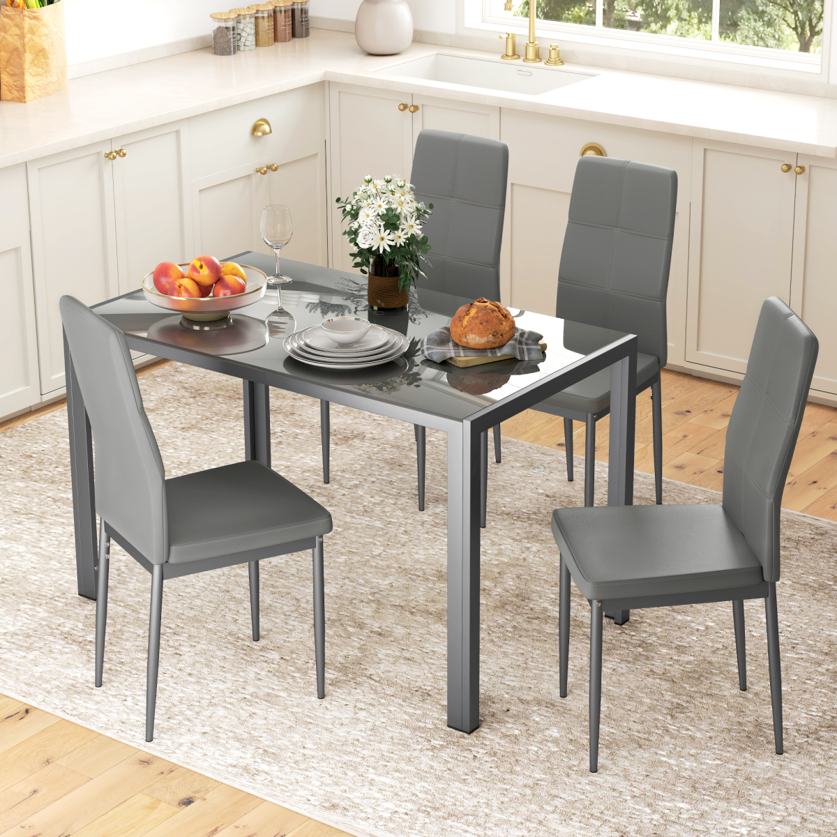 HOMCOM 5 Piece Dining Set Table and 4 Chairs Set for 4 Persons Kitchen Glasstop