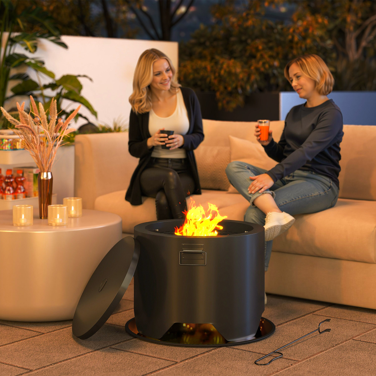 Outsunny Outdoor Round Fire Pit with Lid, Firepit with Fire Poker, Black