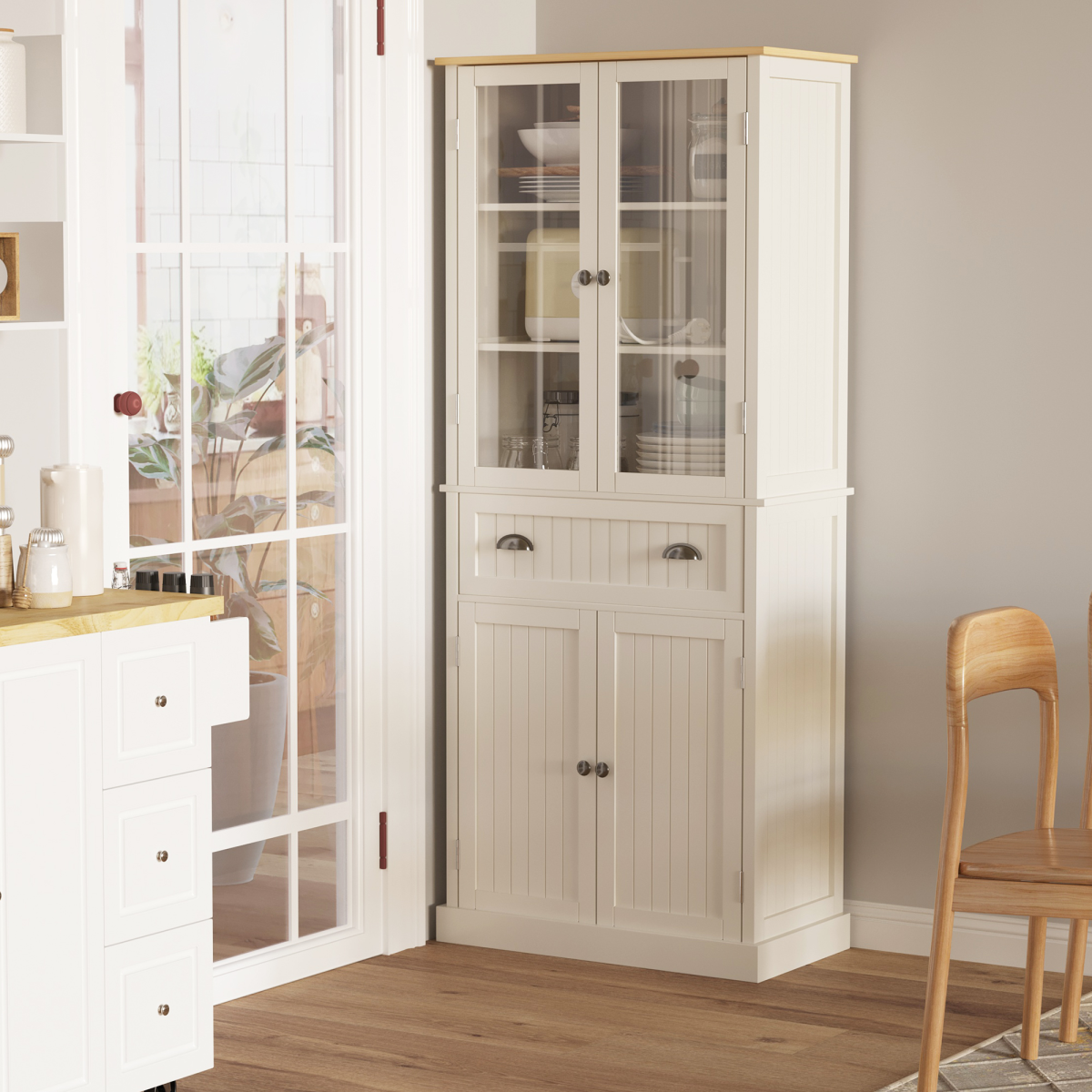 Kitchen Cupboard, 5-tier Storage Cabinet with Adjustable Shelves, Cream