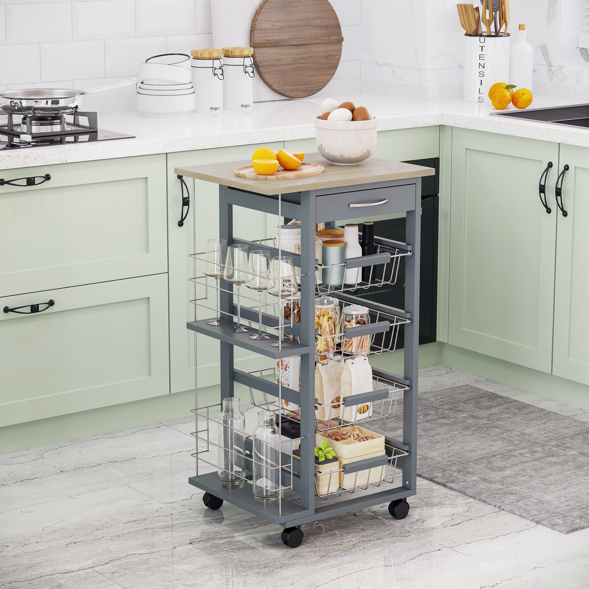 Kitchen Island Trolley w/ 4 Baskets 2 Side Racks Drawer Dark Grey