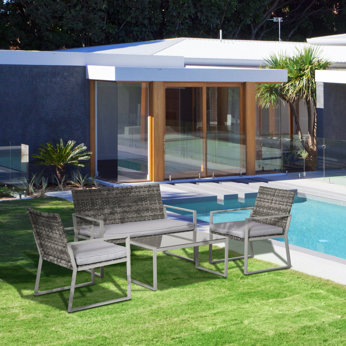 4-Piece Outdoor Garden Rattan Seating Furniture Set Grey