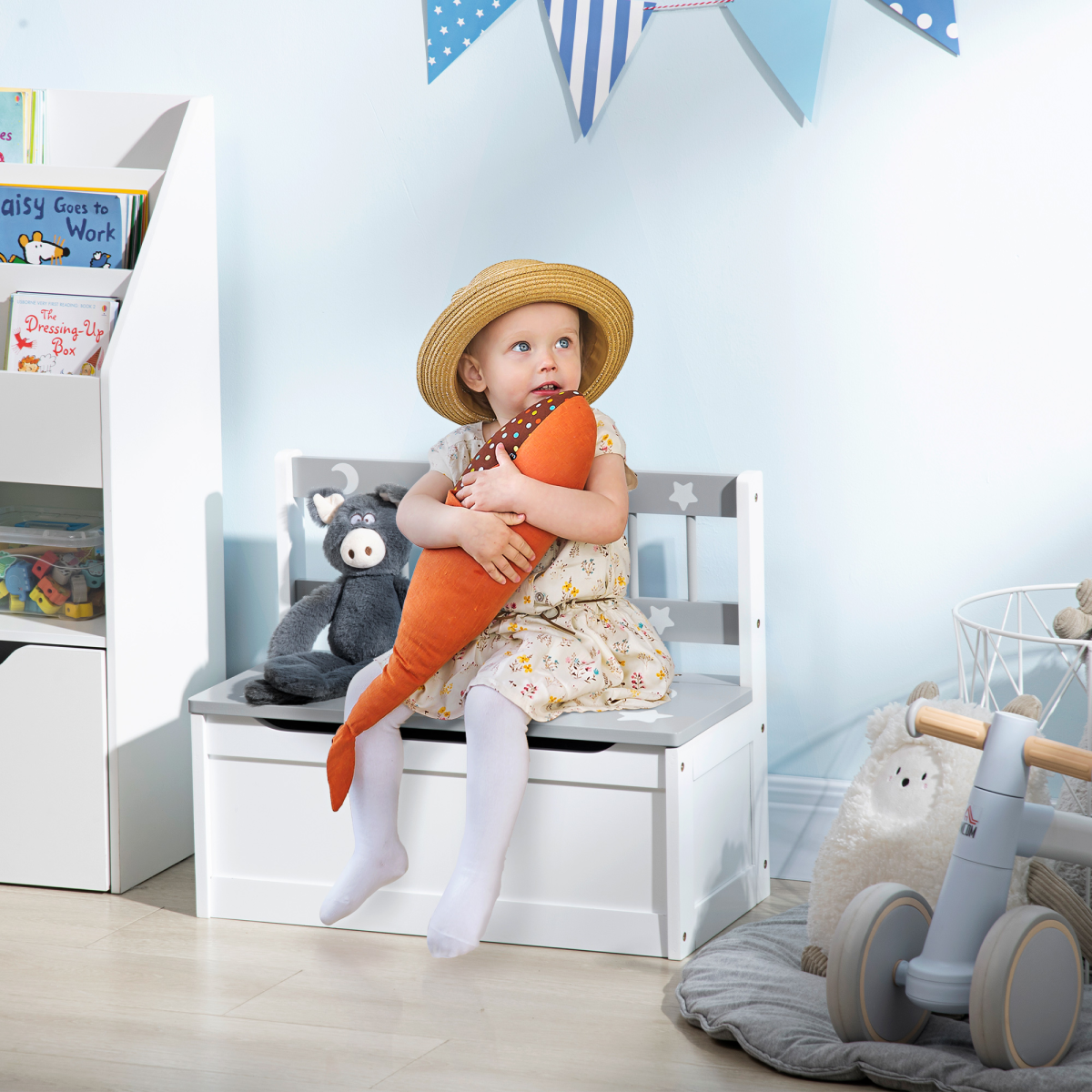 Two-In-One Wooden Toy Box, Kids Storage Bench w/ Safety Rod - Grey