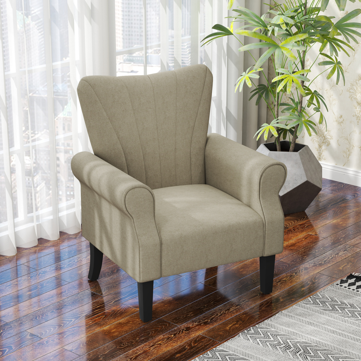 HOMCOM Armchair, Upholstered Modern Accent Chair with Wood Legs, Beige