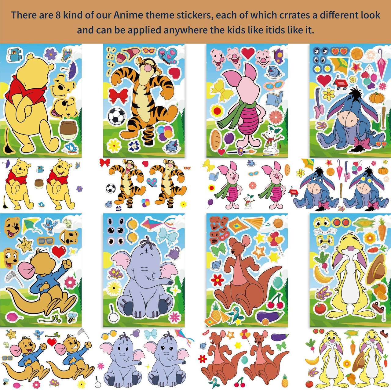 8/16Sheets Disney Pooh Bear Piglet Tigger Puzzle Sticker DIY Phone Laptop Luggage Skateboard Graffiti Decals Fun for Kid Gift
