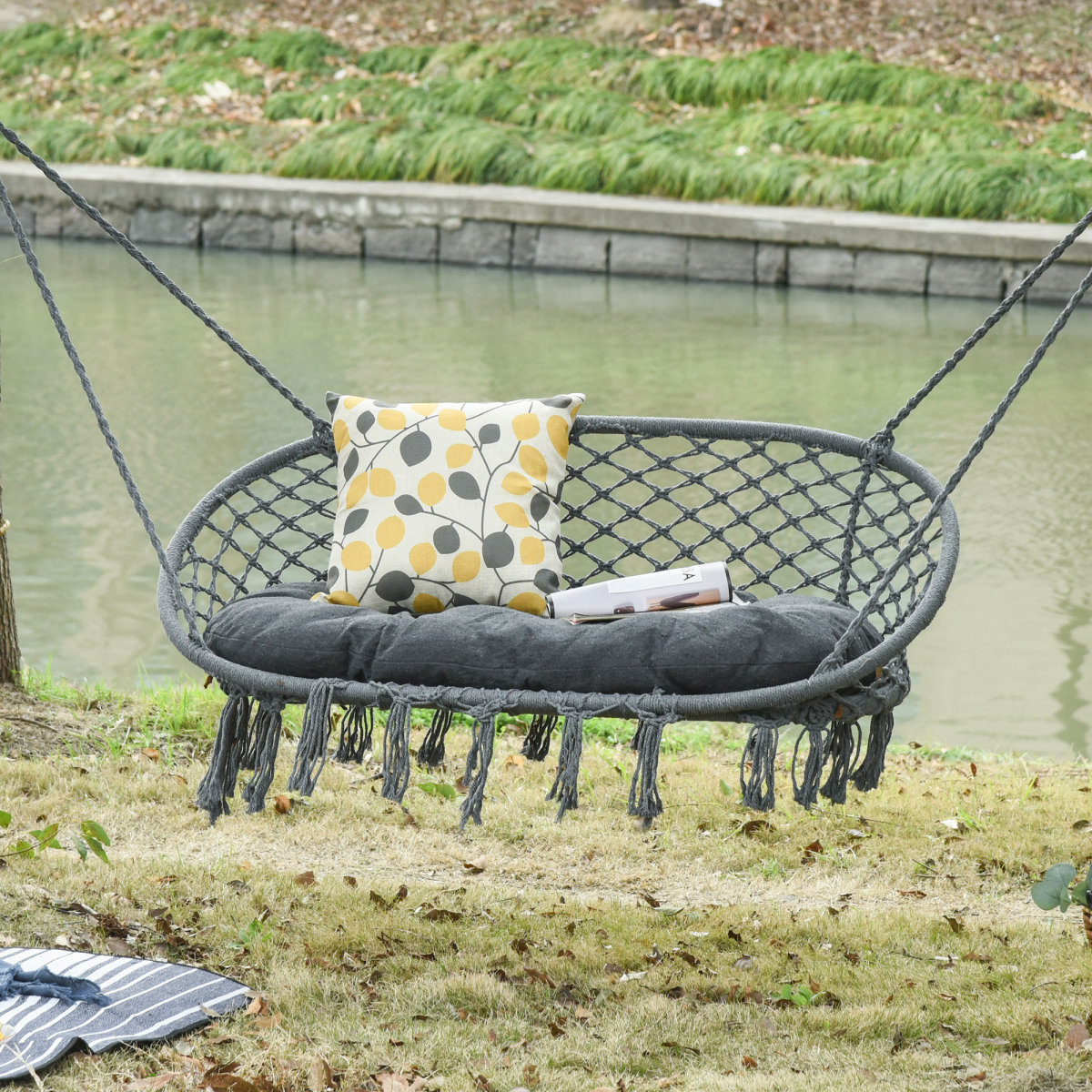 Hanging Hammock Chair Cotton Rope Swing & Metal Frame Large Macrame, Dark Grey